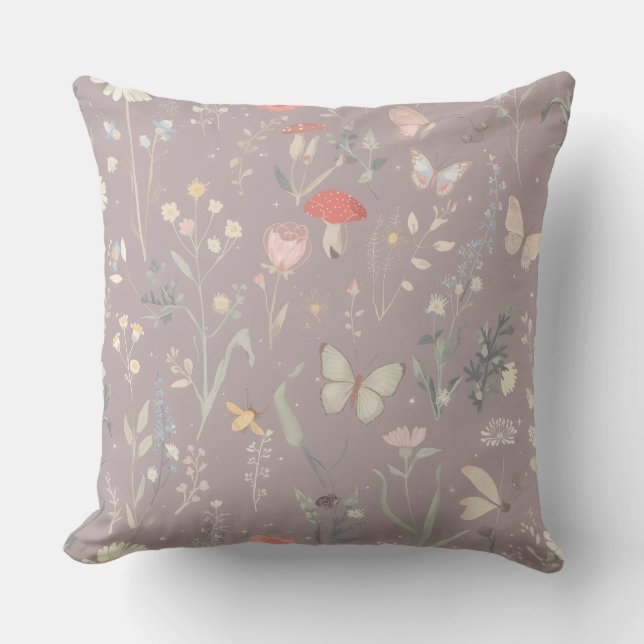 Enchanted Garden Wildflower Butterfly Whimsical Throw Pillow (Front)