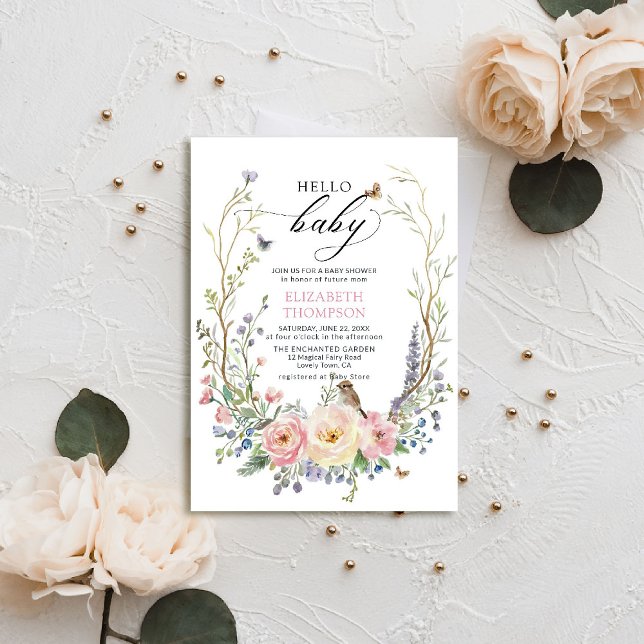 Enchanted Garden Wildflower Roses Bird Baby Shower Invitation (enchanted garden baby shower invitation woodland forest bird butterfly spring summer whimsical roses)