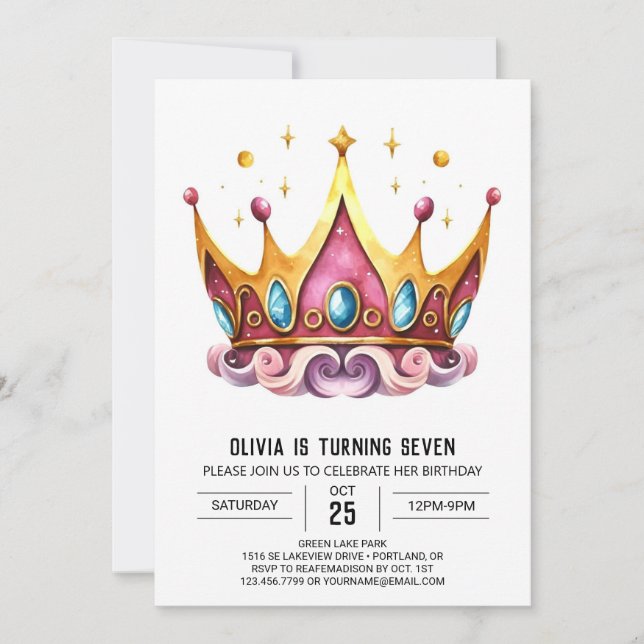 Enchanted Girly Princess Crown Birthday Invitation (Front)