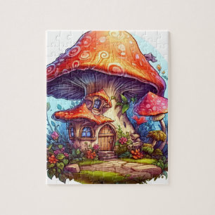Enchanted Gnome Mushrooms Flower Gardens Jigsaw Puzzle