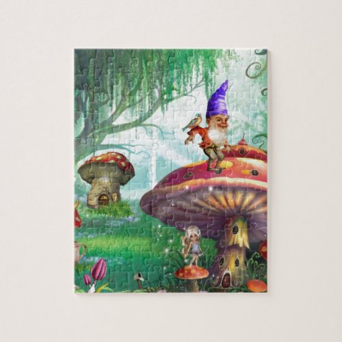 Enchanted Gnome Mushrooms Flower Gardens Jigsaw Puzzle