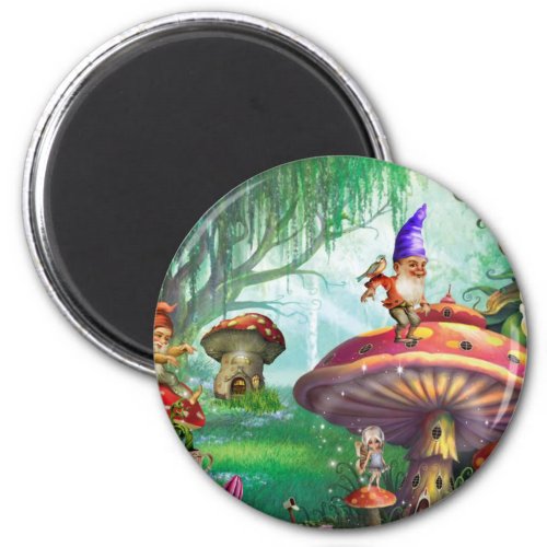 Enchanted Gnome Mushrooms Flower Gardens Magnet