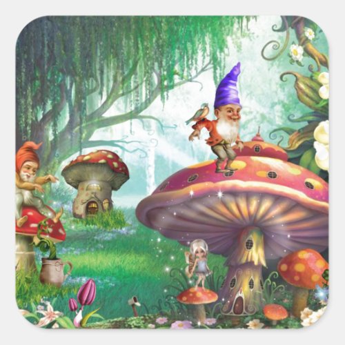 Enchanted Gnome Mushrooms Flower Gardens Square Sticker