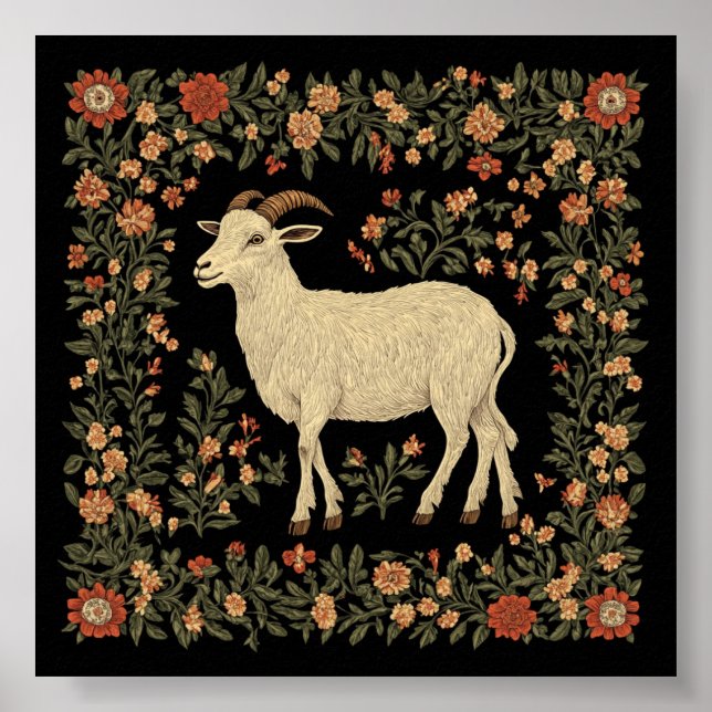 Enchanted Goat & Floral Folk Art Design Poster (Front)