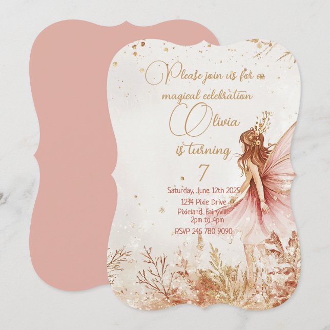 Enchanted Gold and Pink Fairy Birthday Invitation (Front/Back)