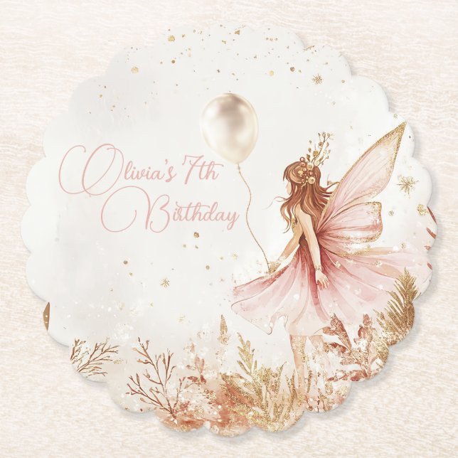 Enchanted Gold and Pink Fairy Birthday Paper Coaster (Front)