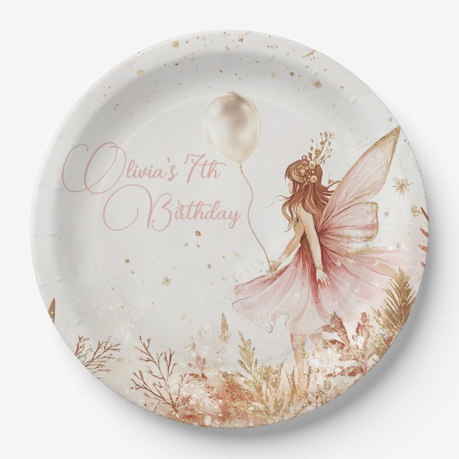 Enchanted Gold and Pink Fairy Birthday Paper Plates (Front)