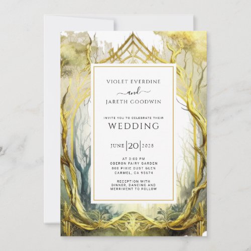 Enchanted Gold Forest Portal Wedding Invitation 