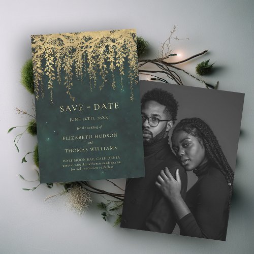 Enchanted Gold Greenery Emerald Chic Photo Wedding Save The Date