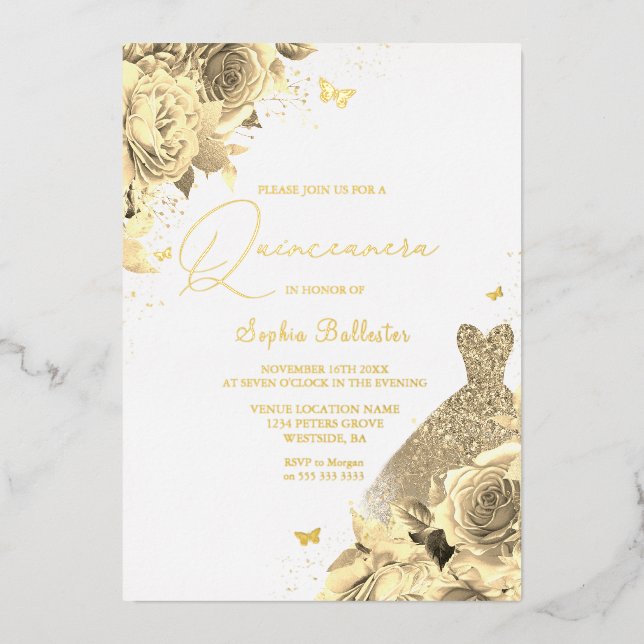 Enchanted Golden Dress & Flowers Quinceanera Gold Foil Invitation (Front)
