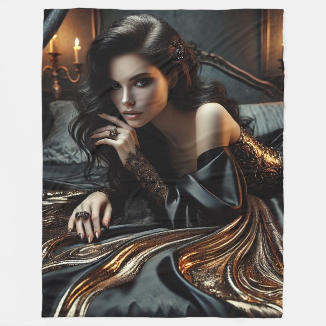 Enchanted Gothic Elegance – Luxurious Black & Gold Fleece Blanket (Front)