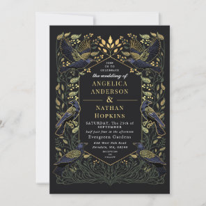 Enchanted Gothic Raven Floral Green Wedding Invitation
