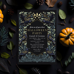 Enchanted Gothic Raven Floral Halloween Foil Invitation
