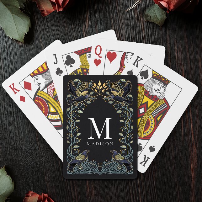 Enchanted Gothic Raven Floral Monogram Poker Cards (Creator Uploaded)