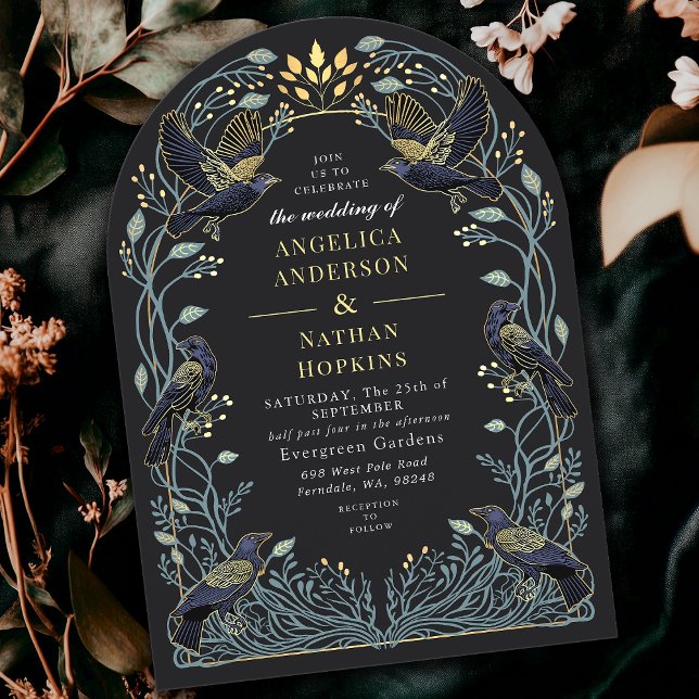 Enchanted Gothic Raven Floral Wedding Ach Invitation (Creator Uploaded)