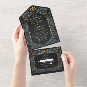 Enchanted Gothic Raven Floral Wedding All In One Invitation