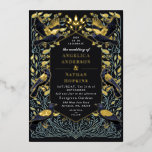 Enchanted Gothic Raven Floral Wedding Foil Invitation<br><div class="desc">Elegant and gothic wedding design with ravens and foliage. This design features a black background,  with dark blue ravens and muted green leaves with gold accents. Matching Items in our shop for a complete party theme. For further questions please contact us at ThePaperieGarden@gmail.com.</div>