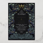 Enchanted Gothic Raven Floral Wedding Foil Invitation<br><div class="desc">Elegant and gothic wedding design with ravens and foliage. This design features a black background,  with dark blue ravens and muted green leaves with gold accents. Matching Items in our shop for a complete party theme. For further questions please contact us at ThePaperieGarden@gmail.com.</div>