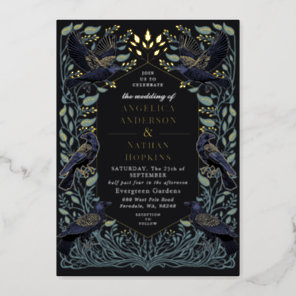 Enchanted Gothic Raven Floral Wedding Foil Invitation