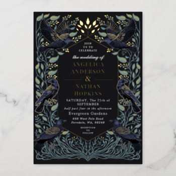 Enchanted Gothic Raven Floral Wedding Foil Invitation by ThePaperieGarden at Zazzle
