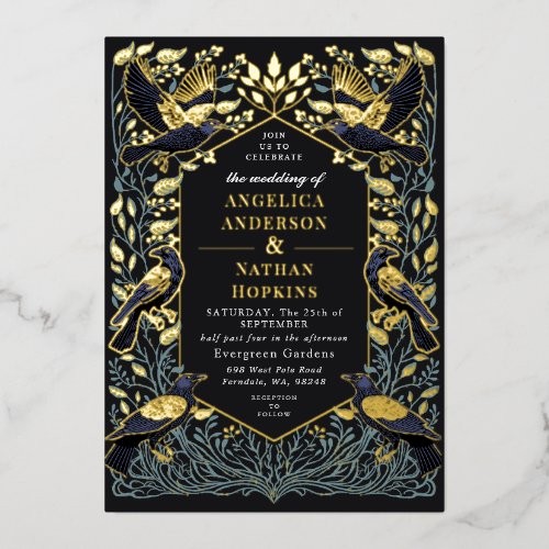 Enchanted Gothic Raven Floral Wedding Foil Invitation