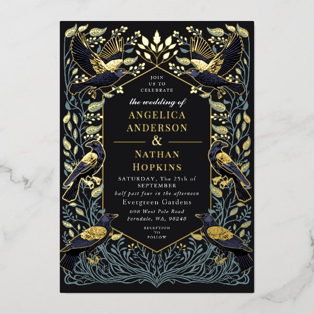 Enchanted Gothic Raven Floral Wedding Foil Invitation (Front)