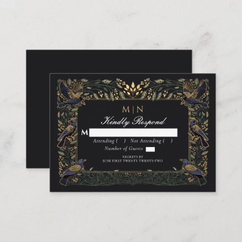 Enchanted Gothic Raven Floral Wedding Green RSVP  Enclosure Card