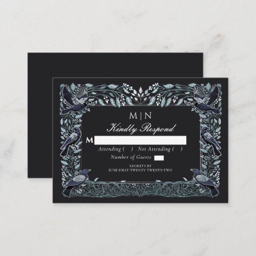 Enchanted Gothic Raven Floral Wedding Silver RSVP  Enclosure Card