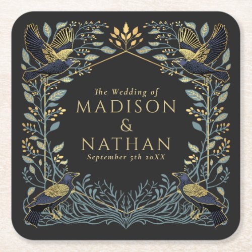 Enchanted Gothic Raven Floral Wedding  Square Paper Coaster