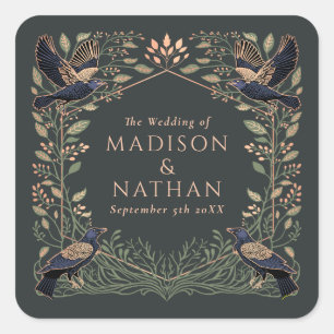 Enchanted Gothic Raven Floral Wedding Square Sticker