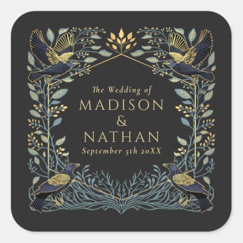 Enchanted Gothic Raven Floral Wedding  Square Sticker