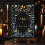 Enchanted Gothic Raven Floral Wedding Table Number<br><div class="desc">Elegant and gothic wedding design with ravens and foliage. This design features a black background, with dark blue ravens and muted green leaves with gold accents. Matching Items in our shop for a complete party theme. Design is not real foil. Items are printed exactly as they appear on your screen...</div>