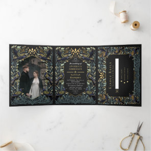 Enchanted Gothic Raven Floral Wedding Tri-Fold Invitation