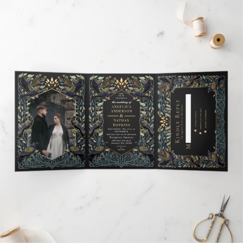 Enchanted Gothic Raven Floral Wedding Tri_Fold Invitation