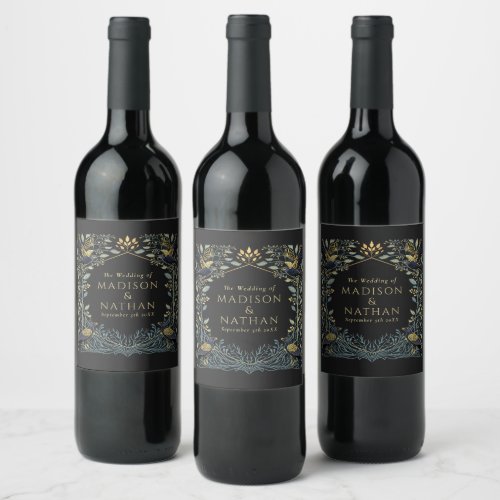 Enchanted Gothic Raven Floral Wedding Wine Label