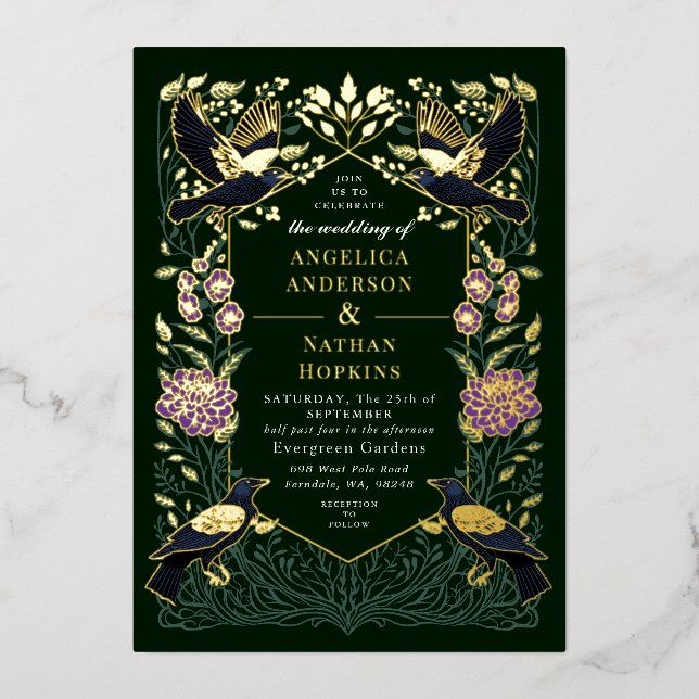 Enchanted Gothic Raven Purple Snapdragon Wedding  Foil Invitation (Front)
