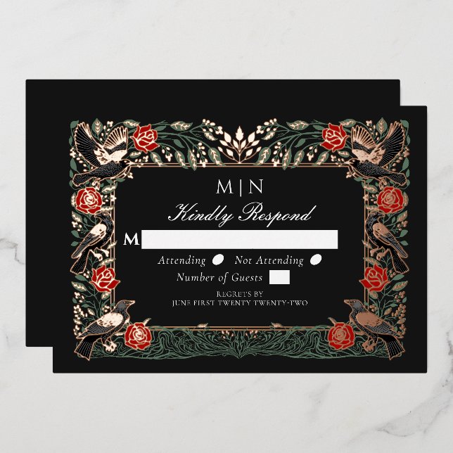 Enchanted Gothic Raven Roses Wedding RSVP  Foil Invitation (Front/Back)