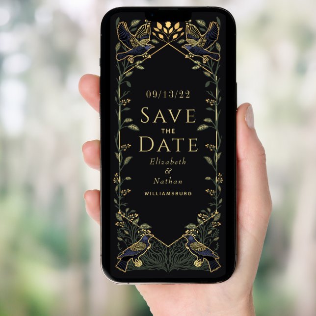 Enchanted Gothic Raven Wedding Save the Date Green Invitation (Front Digital)