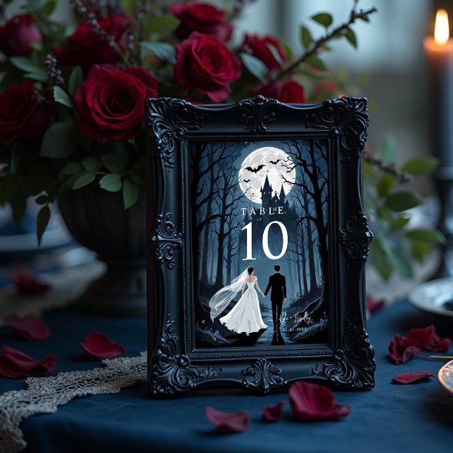 Enchanted Gothic Spooky Wedding Couple Forest Table Number (Enchanted Gothic Spooky Wedding Couple Forest and Haunted Castle Table Numbers. )