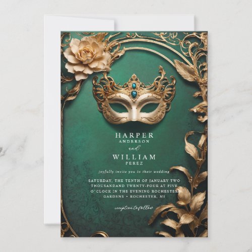 Enchanted green and gold Masquerade Wedding Invitation