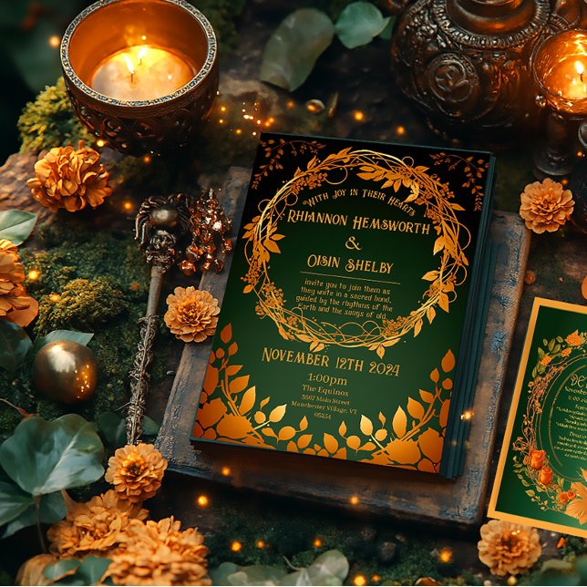 Enchanted Green and Orange Druid-Hill Autumn Invitation (Druid Hill Autumn Wreath Green and Orange Wedding Invitation )