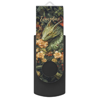 Enchanted Green Dragon with Elegant Floral Array Flash Drive