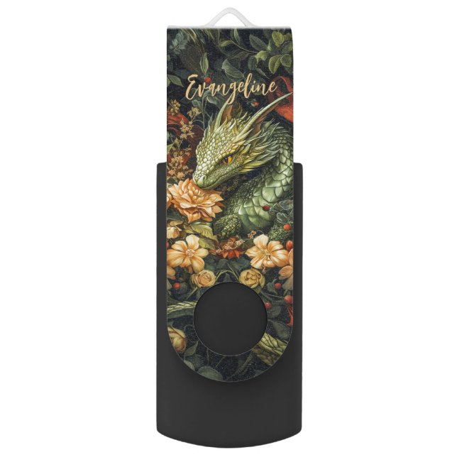 Enchanted Green Dragon with Elegant Floral Array Flash Drive (Front Vertical)