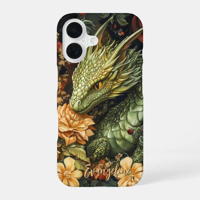 Enchanted Green Dragon with Elegant Floral Array iPhone Case (Back)