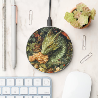 Enchanted Green Dragon with Elegant Floral Array Wireless Charger