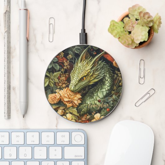 Enchanted Green Dragon with Elegant Floral Array Wireless Charger (Desk)