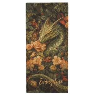 Enchanted Green Dragon with Elegant Floral Array Wood Flash Drive