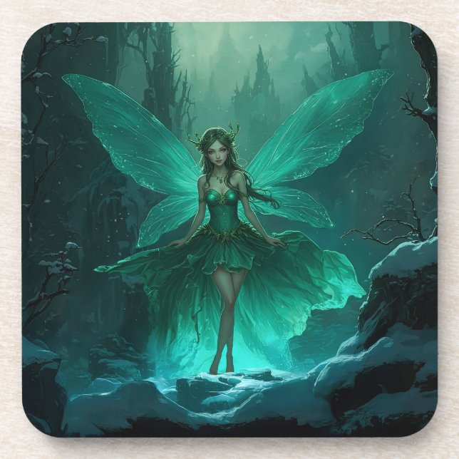 Enchanted Green Fairy Winter Forest Christmas Beverage Coaster (Front)