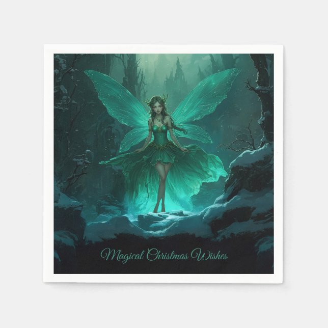 Enchanted Green Fairy Winter Forest Christmas Napkins (Front)