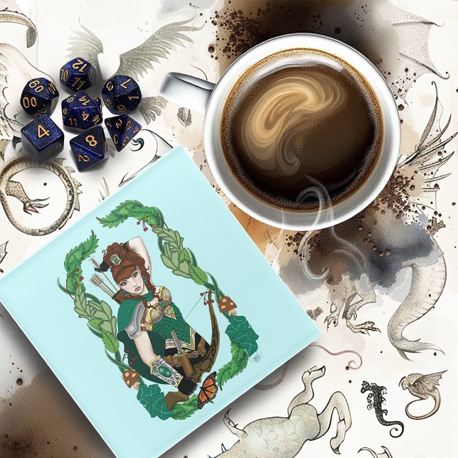 Enchanted Green Fantasy Woodland Archer Elf Glass Coaster (Creator Uploaded)